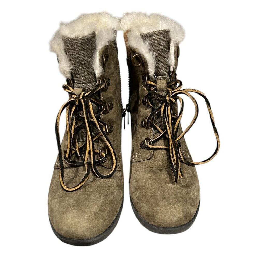 SPERRY Wedge Ankle Boot Faux Fur Lined Brown Sued Leather Womens 6 Side Zip